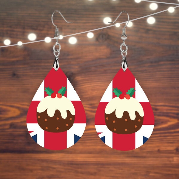 British Christmas Pudding Earrings, British Union Jack Earrings, Christmas Pudding Earrings, Double Sided Design, Teardrop Earrings
