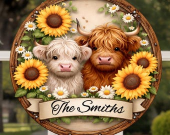 Letrero personalizado con forma de corona de vaca: decoración redonda de metal de aluminio con diseño rústico de bienvenida a la granja.