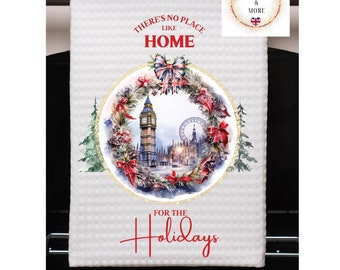 British No Place Like Home Christmas Tea Towel, British London Scene Christmas Tea Towel, Dish Towel 16" x 24", Waffle Weave, Dish Towel