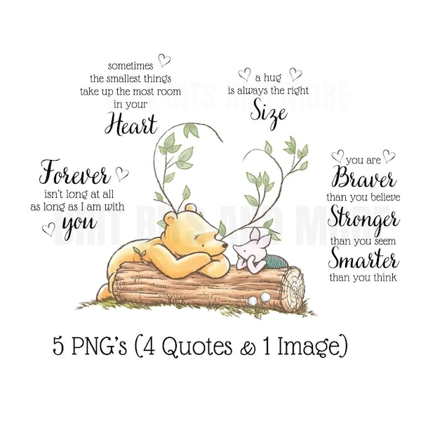 Classic Winnie-the-Pooh Quotes PNGs , Set of 5 Individual Classic Pooh Quotes & Pooh Heart Tree Clip Art, Digital Download, Sublimation Pooh