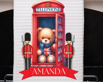 Torchon britannique Teddy Phone Box, torchon Union Jack britannique, torchon, tissage gaufré, torchon, torchon London Guards