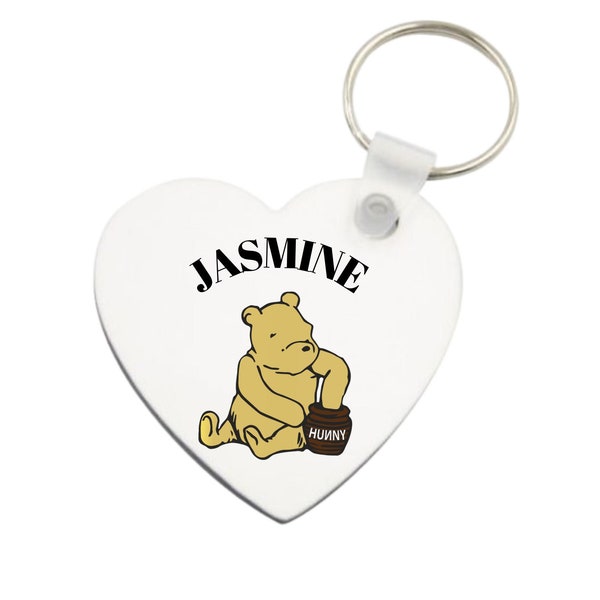 Classic Pooh Personalized Heart Shaped Keychain, Winnie-the-Pooh Heart Key Chain, Double sided design Key Ring.