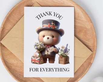 Teddybeer Union Jack kaart en envelop 5 1/2" x 4,25", teddybeer en bloemen dank u kaart, Britse dank u kaart, blanco binnenin