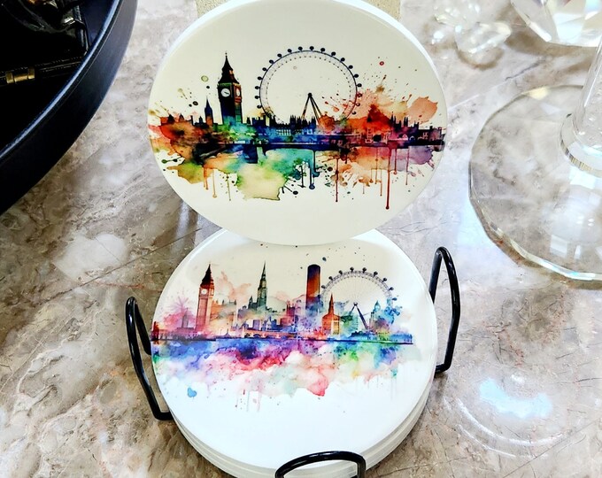 London Watercolor Skyline Ceramic Coasters, Set of 4 and Stand, Gloss Finish, Cork Backed, 4" Coasters, British Coasters, 4 Different scenes