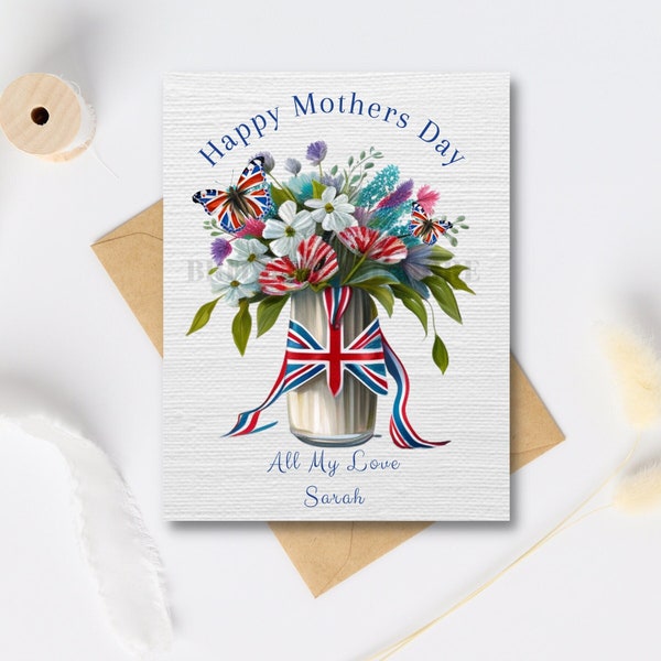 Personalized Mothers Day Card Card, Union Jack Vase of Flowers Card, British Butterfly Greeting Card, Card and Envelope 5 1/2" x 4.25"