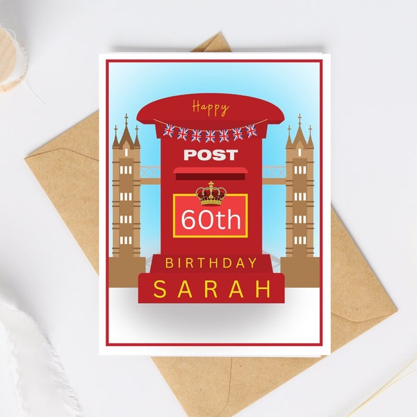 Union Jack British Mail Box Personalized Custom Card and Envelope 5 1/2" x 4.25", Custom Post Box Card, Happy Birthday British Card