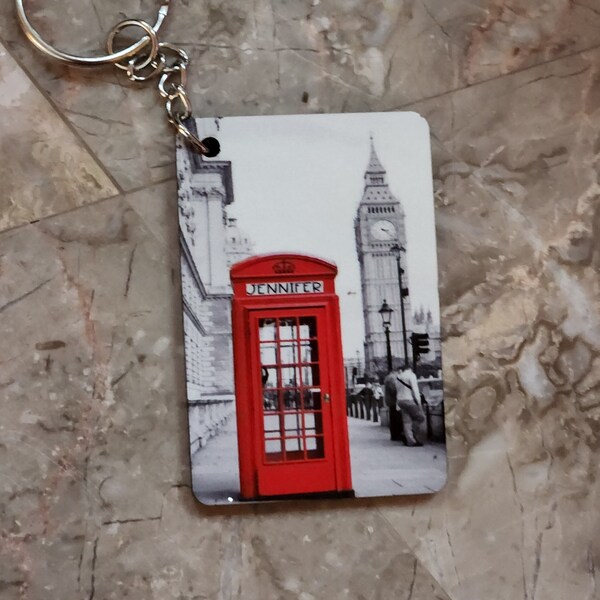 British Phone Booth Personalized Keychain, British Telephone Box with Big Ben Key Chain, Double sided design Key Ring.