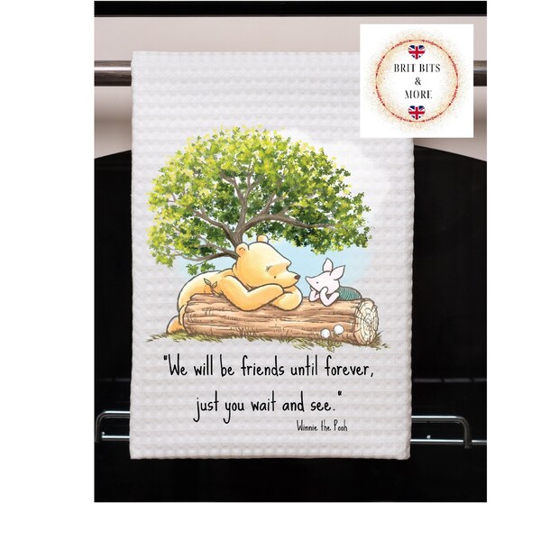Classic Winnie-the-Pooh Friends Forever themed Tea Towel, Classic Pooh Honey Kitchen Towel, Dish Towel 16" x 24", Waffle Weave, Kitchen