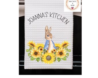 Peter Rabbit Sunflower Personalized Tea Towel, Blue bunny rabbit Tea Towel, Dish Towel 16" x 24", Waffle Weave, Dish Towel, Kitchen