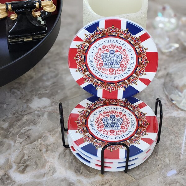 King Charles III Coronation Ceramic Coasters, Set of 4 and Stand, Gloss Finish, Cork Backed, 4" Coasters, British Crown Coasters