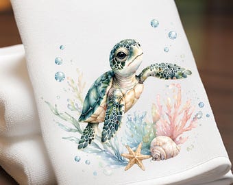 Toalla de mano o para la punta de los dedos con forma de tortuga marina: decoración para el baño pequeño.