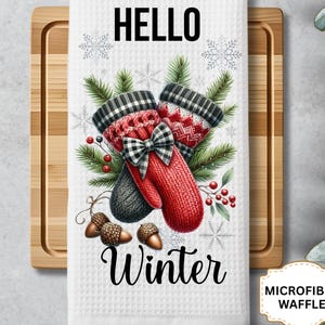 Toalla de cocina Hello Winter, guantes de punto, plato de té, decoración de cocina