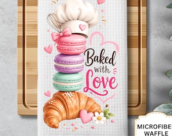 Toalla de cocina para chef, pastelero de macarons, vajilla de té y decoración de cocina.