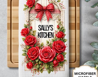 Toalla de cocina personalizada con rosas rojas, toalla de mano para cócteles, vajilla de té y decoración de cocina.