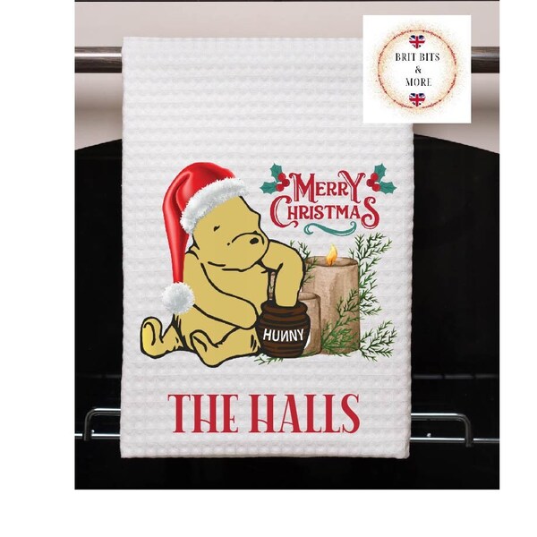 Classic Winnie the Pooh Christmas Personalized themed Tea Towel, Classic Pooh Honey Kitchen Towel, Dish Towel 16" x 24", Waffle Weave