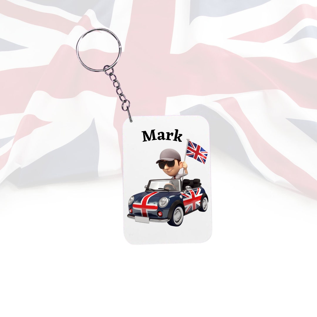 Union Jack Mini Cooper Keychain, Personalized Union Jack Keychain, Key