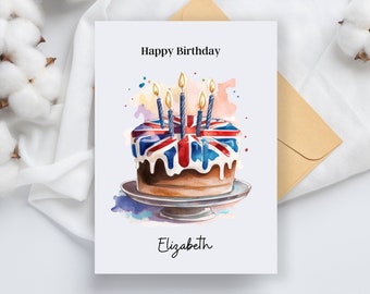 Personalized Union Jack British Birthday Card, Birthday Cake handmade birthday Card and Envelope 5 1/2" x 4.25", Custom Name