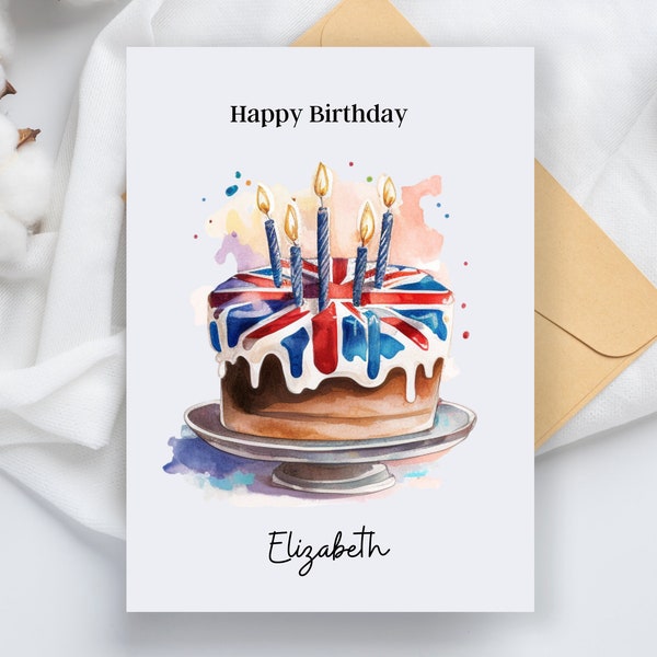 Personalized Union Jack British Birthday Card, Birthday Cake handmade birthday Card and Envelope 5 1/2" x 4.25", Custom Name