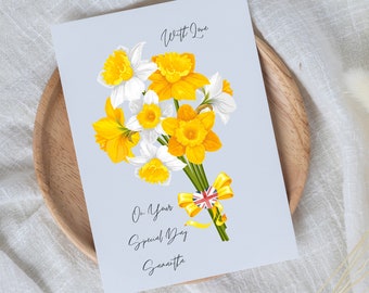 Personalized Custom Daffodils Union Jack Heart Special Day Card, Bunch of Daffodils Birthday Card and Envelope 5 1/2" x 4.25", All Occasion