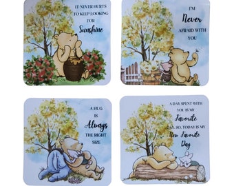 Classic Winnie-the-Pooh Square Magnets, Set of 4, Cute Pooh magnets, Gloss Finish, Pooh Office Magnet, British Magnets