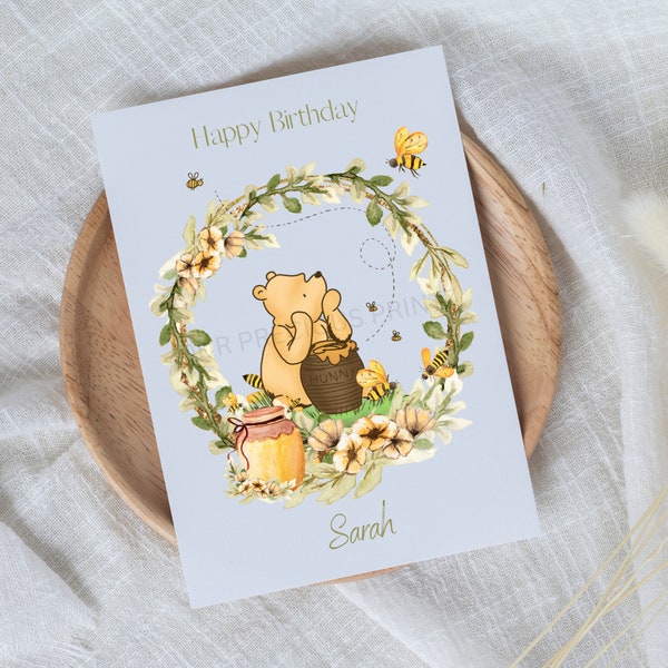 Classic Winnie-the-Pooh Birthday  Name Personalized Card, Winnie the Pooh Bee Honey Pot Name Birthday Card and Envelope 5 1/2" x 4.25"