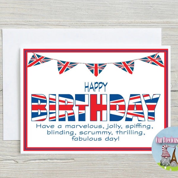 British Union Jack Handmade Birthday Card and Envelope 5 1/2" x 4.25" British United Kingdom Birthday words, British Bunting, London UK