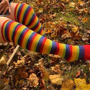 Rainbow Striped Cotton Thigh High Socks Ecofriendly Made in USA Cosplay Unisex Costume Christmas Pride Festival Birthday Gift