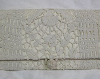 Handmade lace envelope clutch handbag, dupioni silk lining, button closure