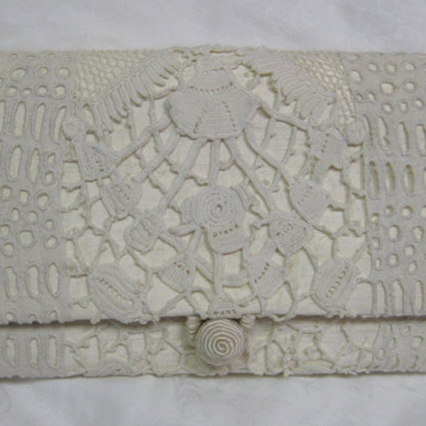 Handmade lace envelope clutch handbag, dupioni silk lining, button closure