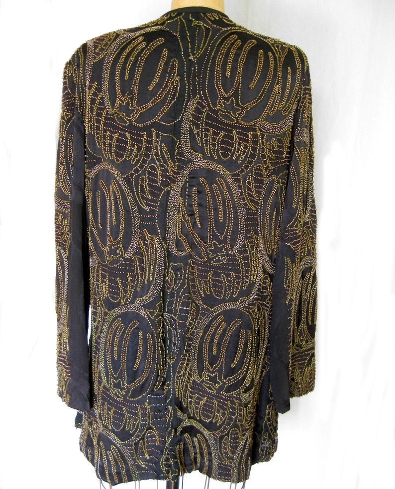Women's black silk jacquard jacket with intricate beading image 4