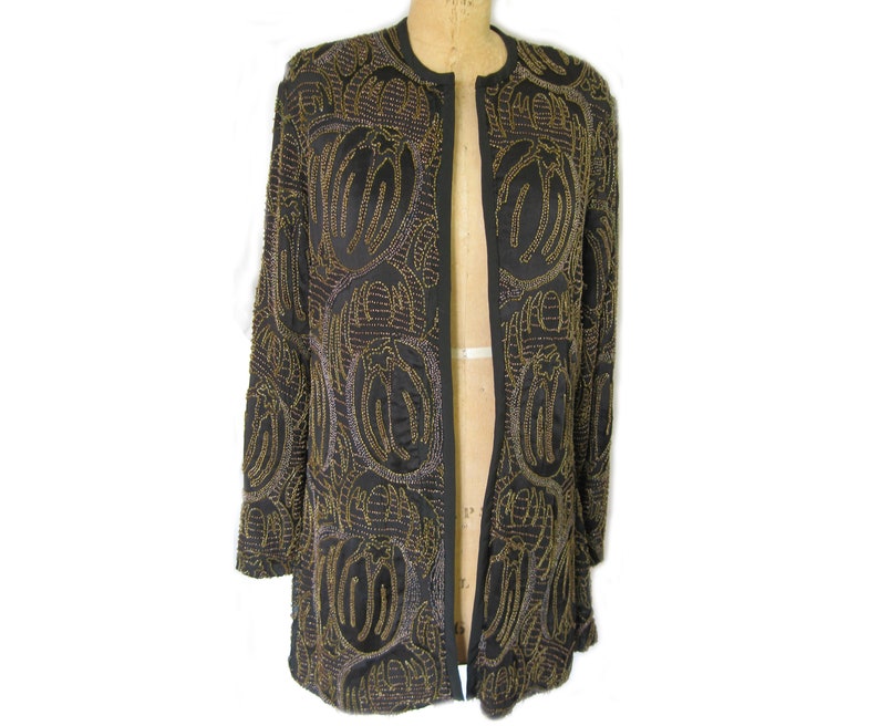 Women's black silk jacquard jacket with intricate beading image 1
