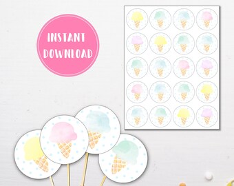 Könnte beinhalten: Druckbare Cupcake-Topper in Form von Eiswaffeln in Gelb, Rosa und Blau. Die Topper befinden sich auf einem weißen Hintergrund mit blauen Punkten. Der Text "INSTANT DOWNLOAD" befindet sich auf einem rosa Kreis.