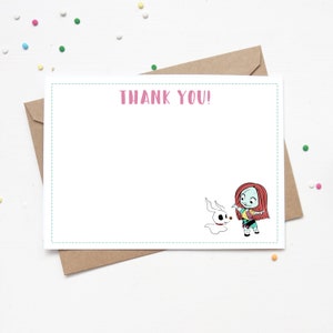 May include: A white thank you card with a green dotted border. The card features a cartoon illustration of Sally from The Nightmare Before Christmas with her dog Zero. The text "THANK YOU!" is printed in pink at the top of the card.