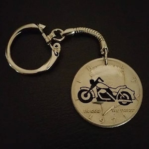 Motorcycle  coin jewelry pendant or Keychain for a Harley rider cut from a Kennedy half dollar coin, Hand Cut Coin