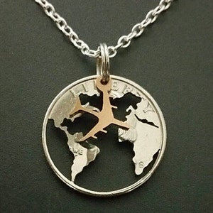 Earth And Airplane Pendant / Cut From A Quarter / Coin Jewelry / Cut From A Coin/ Flight Attendant Gift/ Pilot Gift
