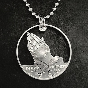 Handmade, Praying Hands, coin jewelry, Christian Jewelry, pendant cut from a half dollar coin, Hand Cut Coin