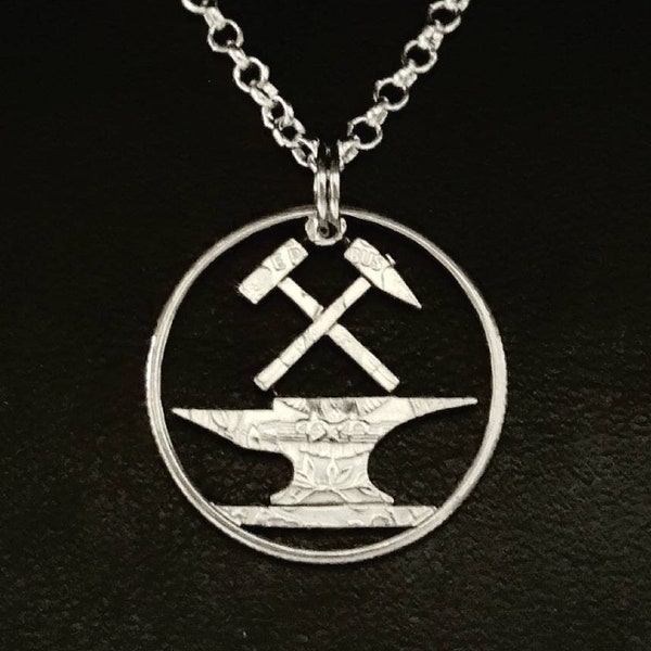 Handmade Blacksmith Anvil and Hammer coin jewelry pendant, Cut from a half dollar or a quarter coin, a gift for a man or woman