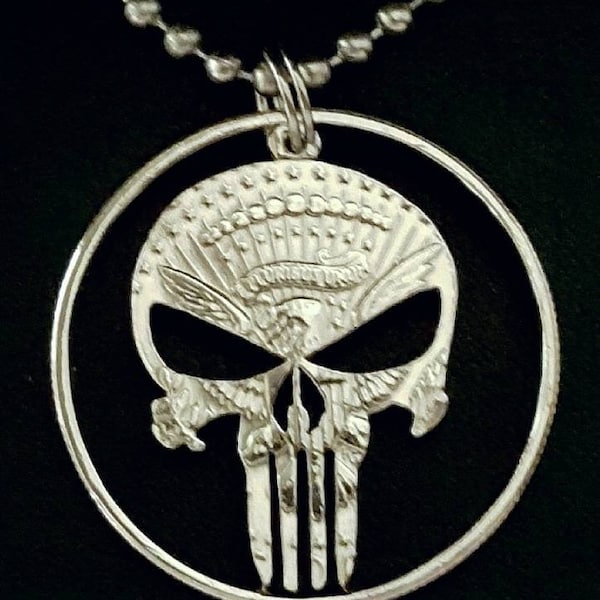 Punisher skull hand cut from a Kennedy half dollar coin jewelry, Hand cut coin