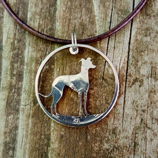 Greyhound, Whippet, Italian Greyhound, dog pendant cut by hand from a half dollar coin jewelry, Dog Lover Gift, Hand Cut Coin