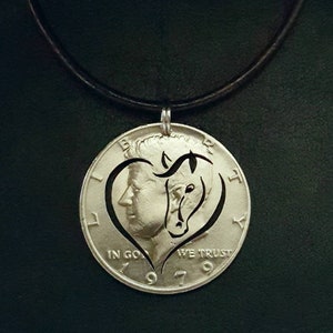 Handmade Horse in a Heart Equestrian Coin Jewelry Pendant