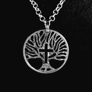 Tree of Life with Cross, Christian Jewelry, Hand Cut Coin, Coin Jewelry, Cut from a Quarter or a Half Dollar Coin