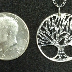 Tree of Life coin jewelry pendant cut from a Kennedy half dollar, Hand Cut Coin