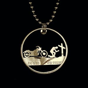 Motorcyle Rider at the Cross Pendant, Hand Cut Coin, Harley Rider Gift