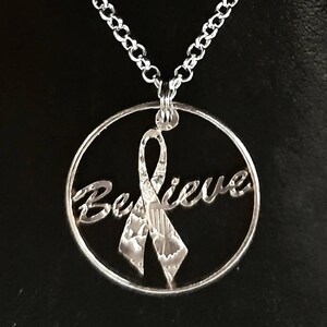 Cancer Survivor Believe pendant cut from a half dollar coin, Hand Cut coin, Nurse gift