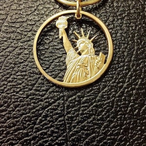 Statue of Liberty coin jewelry pendant cut from a golden dollar, Hand cut coin, Patriot Jewelry, Coin Jewelry