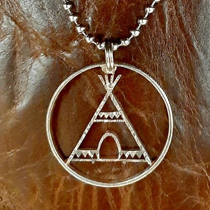 Teepee Pendant cut from a half dollar coin, Western Jewelry, Hand Cut Coin
