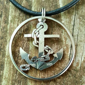 Ocean sailing ship anchor coin jewelry pendant cut from a half dollar coin, Hand cut coin