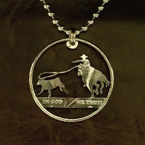 Cowboy Roping Calf, Breakaway Roper, Western Jewelry, Cut from a Coin, Coin Art, Hand Cut Coin