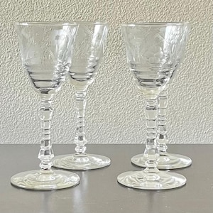 Set of 4 Libbey Rock Sharpe Halifax Tall Sherbet or Champagne Glasses – Vintage Cut Crystal Stemware - Midcentury Etched Floral - Stem 3005