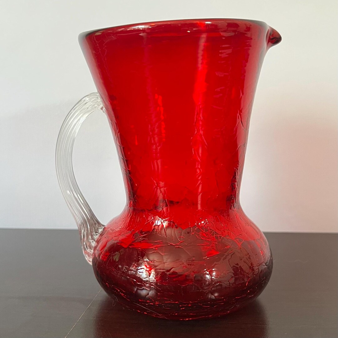 Ruby Pitcher Vintage Ruby Red Crackle Glass Pitcher: Hand Blown Applied Handle - Etsy